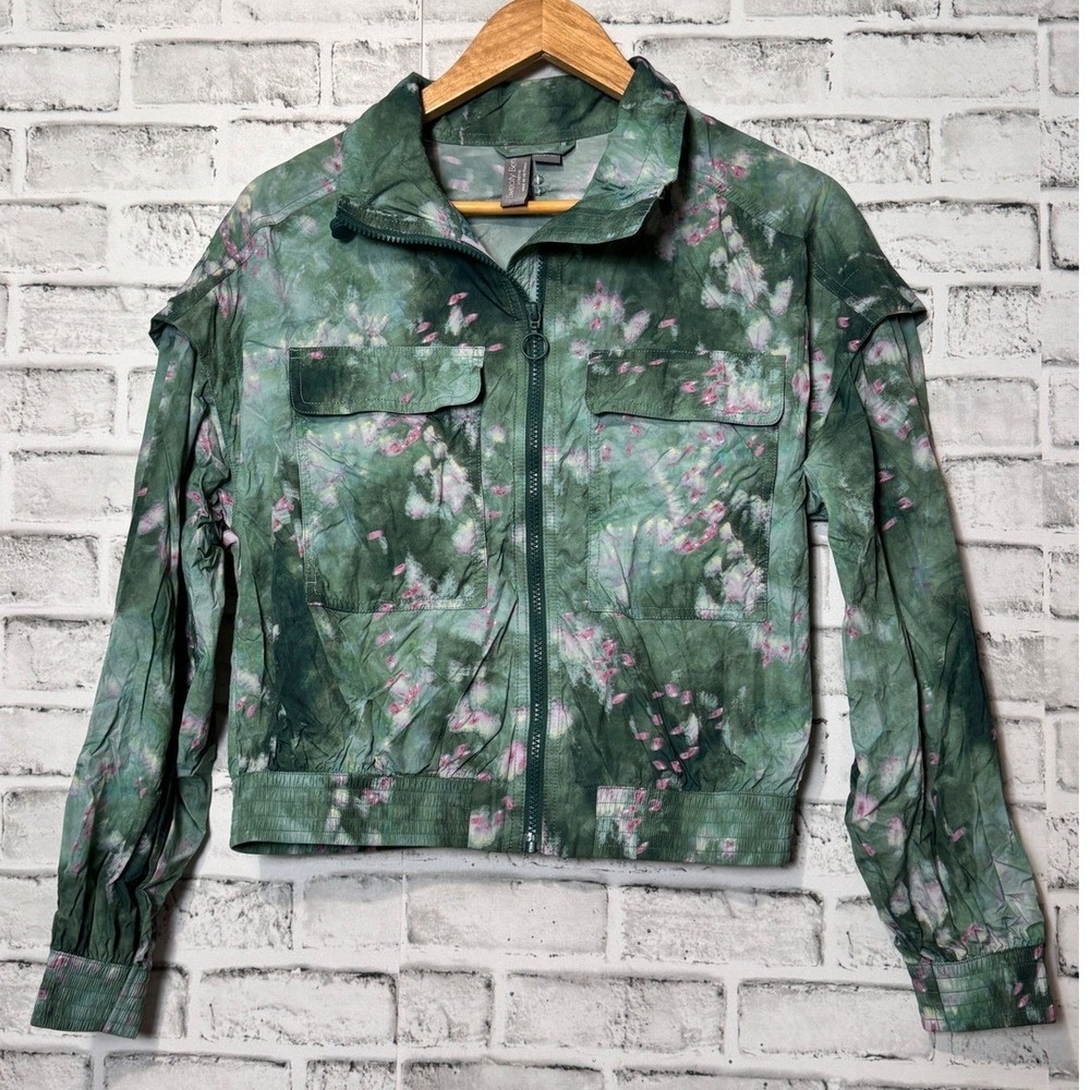 Sweaty Betty Green Pink Tie Dye Zip Utility Jacket XS US 4 Funnel Neck Cropped